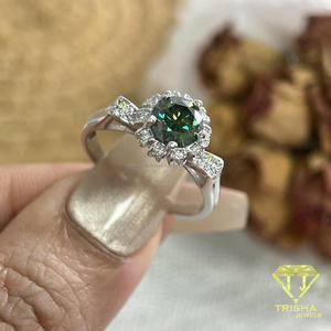 Bague unique en moissanite verte, coupe ronde, argent, inspirée des fleurs, bague de fiançailles, bijoux de luxe - Product Image 4