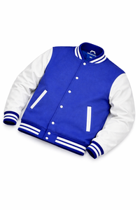 <b>Men's</b> Blue <b>White</b> Varsity <b>Jacket</b> Preppy Style Turn-down Collar Genuine Leather Button Front Regular Fit Breathable Windproof - Product Image 2