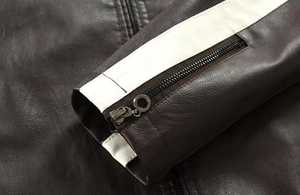 Men's Genuine Leather Breathable Biker Style <b>Slim</b> <b>Fit</b> <b>Jacket</b> Color Blocking Turn-down Zipper Closure Casual Regular Length - Product Image 3