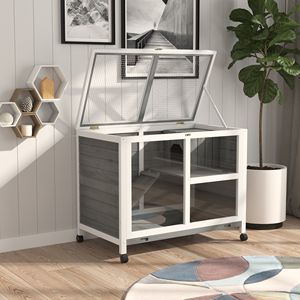 Enclos extérieur pour lapins en bois massif, cage pour animaux de compagnie intérieure/extérieure avec espace de couchage principal et zone de jeux - Product Image 2