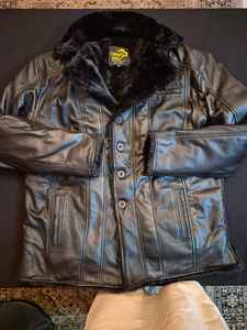 Veste en cuir pour homme, cuir de vache véritable, doublure en satin, col superposé en fausse fourrure, veste 2026 - Product Image 3