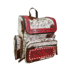 Sac à dos imprimé en cuir de vachette avec garniture en cuir gaufré rouge, fermeture éclair, style bohème unisexe, souple, 20-35L, usage quotidien - Product Image 1