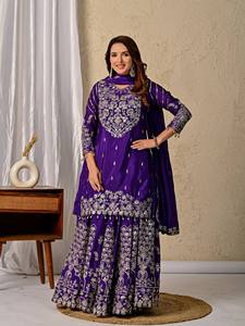 Purple Embroidered Silk Anarkali <b>Suit</b> <b>Women</b> Traditional Indian Pakistani Floor-Length <b>Wedding</b> Wear Regular Fit - Product Image 1