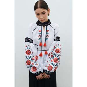 Blusa de lino blanca para mujer, bordada, con diseño floral étnico, bordado a mano, con lazo en el cuello. - Product Image 2