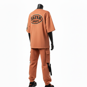 Ensemble pantalon et t-shirt pour femme en coton French Terry épais 320 GSM, marron rouille, avec poche cargo, logo personnalisé, ensembles pour femmes - Product Image 5