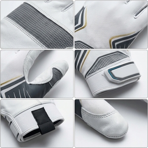 <b>White</b> Leather Baseball Batting Gloves Full Finger with Blue Accents Breathable Design for Pitcher Training Enhanced Grip Comfort - Product Image 6