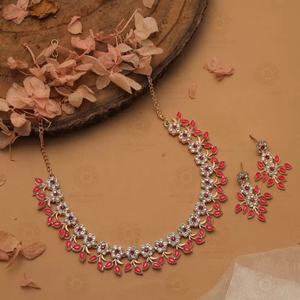 Luxury Ethnic Rose Gold Plated Pink Stone Flower <b>Choker</b> Set Bohemian Leaf Design Statement Necklace Wedding Engagement Party - Product Image 4