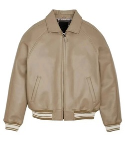Blouson Bomber Homme Beige en PU, Col Rabattu, Fermeture Éclair, Coupe Droite Décontractée, Couleur Unie avec Bordure Tricotée pour l'Automne - Product Image 1