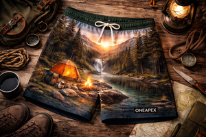 Shorts de bain pour hommes, motif paysage de camping, imprimé cascade, forêt, feu de camp, séchage rapide - Product Image 4