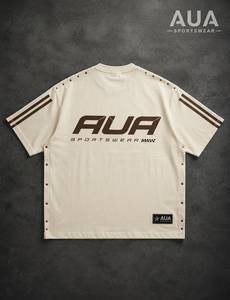 Camiseta de Manga Corta Oversize para Hombre AUA, Cuello Redondo, Estilo Urbano, Jersey de Algodón con Ribete en Contraste, Logotipo Estampado en la Espalda - Product Image 6