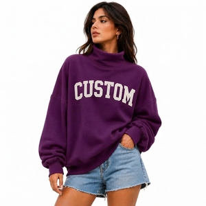 Sudadera casual oversize de cuello simulado con hombros caídos, bordada con apliques teñidos a cuadros, personalizada para mujer, para usar en todas las estaciones. - Product Image 1