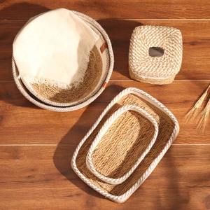 Ensemble de 2 paniers en jacinthe d'eau combinés avec du tissu en coton, paniers de rangement faits à la main, vente en gros, écologiques, fabriqués au Vietnam - Product Image 4