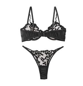 Ensemble de lingerie sexy push-up à armatures, en résille transparente, avec soutien-gorge et culotte à lanières - Product Image 1