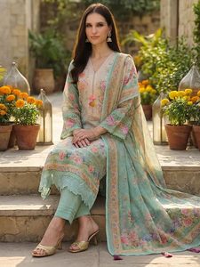 Ensemble 3 pièces pour femme en lin tissé brodé floral, comprenant un kurta droit mi-mollet à col en V, un pantalon et un dupatta - Product Image 3
