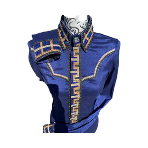 Chemise de spectacle western personnalisée pour femmes bleu marine boutonnée avec paillettes dorées et noires vêtements de rodéo et équestre - Product Image 4