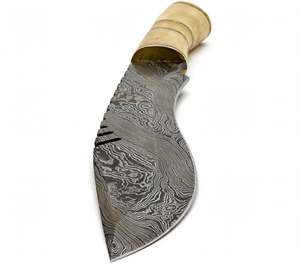 Couteau utilitaire lourd en acier Damas artisanal, manche en os de chameau, entretoises en laiton, outil de terrain - Product Image 2