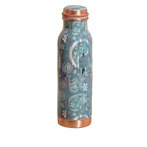 950ml Copper Water <b>Bottle</b> Leakproof Ayurvedic Health Benefit Yoga <b>Flask</b> Handmade Hammered Lacquer Finish Printed Copper <b>Bottle</b> - Product Image 1