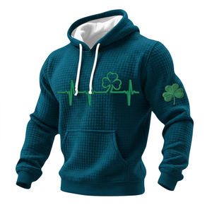 เสื้อฮู้ดดี้สีน้ำเงินลายวาฟเฟิลสำหรับผู้ชาย พร้อมลาย Clover ECG ปักนูนด้านหน้าและแขนเสื้อ สวมใส่สบายๆ ในฤดูใบไม้ร่วง - Product Image 3