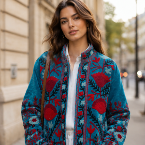 Wholesale Suzani <b>Velvet</b> Embroidered <b>Jacket</b> <b>Women</b> Stand Collar Open Front Floral Boho Coat Handmade Embroidery Cotton Lining - Product Image 3