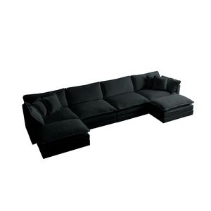 Divano Sezionale a U Reversibile Grande e Confortevole in Ciniglia Nera per Soggiorno con Doppi Pouf Extra - Product Image 6