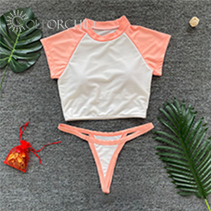 Conjunto de bikini de dos piezas para mujer, color blanco con ribete turquesa, top corto y tanga, ropa de playa elástica de color sólido - Product Image 3