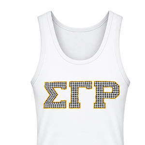 White Women's Greek Letter <b>Rhinestone</b> Tank <b>Top</b> Sleeveless Crew Neck Casual Sportswear Summer Fashion Graphic Apparel Shirt Style - Product Image 4