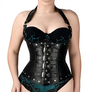 Women's Goth <b>Punk</b> Plus-Size Zipper Leather Seamless Corset Shapewear Waist Cinchers Satin Fabric Quick Dry Feature Firm Control - Product Image 1
