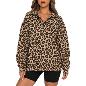 Sweat-shirt décontracté pour femme à imprimé léopard, col rabattu, manches longues, coupe oversize, fermeture éclair quart de tour, collection automne - Product Image 1