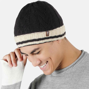 Unisex Knit Beanie <b>Hat</b> Black Cream Striped Cuff Hand Knitted Winter Outdoor Casual Adult 56-58CM - Product Image 5