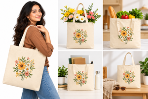 Sac fourre-tout en toile personnalisé AMANI à motifs floraux - Réutilisable pour les courses quotidiennes, les courses alimentaires et les voyages (toutes saisons) - Product Image 5