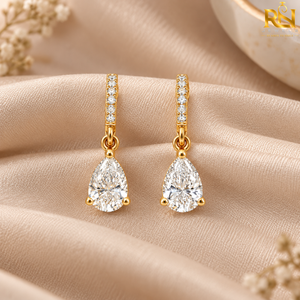 ต่างหูเพชรทรงหยดน้ำแบบ Pear Cut Lab Grown Diamond ประดับด้วยเพชรทรงกลม |   เครื่องประดับทองคำแท้ 9K 14K 18K - Product Image 2