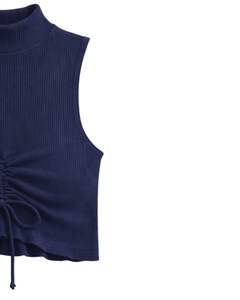 Débardeur court côtelé bleu marine à col montant sans manches avec cordon de serrage ajustable et fronces sur le devant, coupe ajustée pour femme, tenue décontractée - Product Image 3