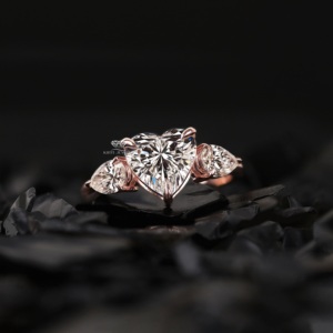 <b>Heart</b> <b>Shape</b> Lab Grown Diamond Three Stone Engagement Ring 14K Rose Gold Bridal Ring for Women Handmade Everyday Wedding Jewelry - Product Image 1