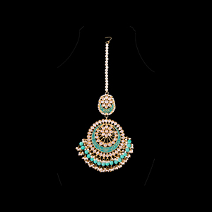 Tikka Kundan étnica chapada en oro con perla de esmalte azul, joyería hecha a mano para la frente, para mujeres, para bodas - Product Image 3