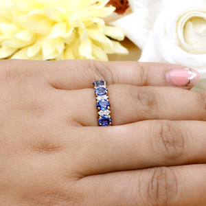 Bague en or jaune 14 carats avec saphir bleu naturel et diamants pour femme |   Bijoux en pierres précieuses de coupe ovale, vente en gros, OEM, ODM - Product Image 6