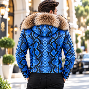 Luxury Men's Python Leather <b>Jacket</b> with Genuine Fox <b>Fur</b> <b>Hood</b> Biker Style | Herren Lederjacke Biker| Chaqueta Hombre Cuero Python - Product Image 2