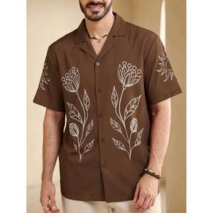 Premium Men's Brown Cotton Embroidered <b>Shirt</b> <b>Half</b> Sleeve Casual Cuban Collar <b>Shirt</b> with White Floral Design - Product Image 5