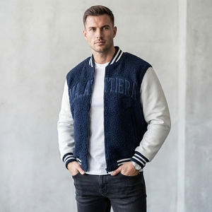 Men's Navy Fleece <b>Jacket</b> with <b>White</b> PU Sleeves Front Logo Casual Style Stand Collar Regular Fit Eco-Friendly Breathable Winter - Product Image 4