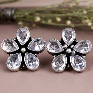 Pendientes de botón con engaste de circonita en forma de flor, estilo bohemio vintage, chapados en plata antigua, joyería de moda para mujer, para compromiso - Product Image 2