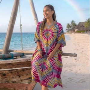 Women Beach Printed <b>Kaftan</b> Dress Loose Fit Comfortable <b>Summer</b> Cover Up Resort Wear Island Holiday Style Custom Bulk Supply - Product Image 1