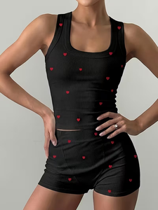 2pcs Women's Tank Top & Vest Shorts Set Floral Print Ribbed 100% Cotton Breathable Elastic Waist Loungewear - Product Image 4