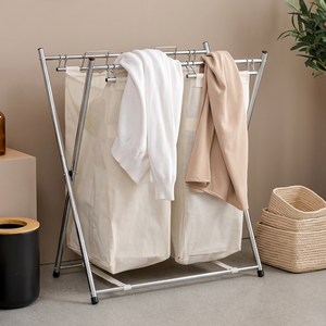 Foldable Double Tier Clothing Organizer <b>Laundry</b> hamper Rack Minimalist Standing Rectangle Shape for Bathroom Use - Product Image 1
