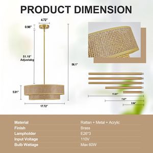 Lampadario a Soffitto Moderno Boho da 17,7 Pollici, Plafoniera Semi-Incasso in Rattan Intrecciato e Lino per Camera da Letto, Cucina, Sala da Pranzo - Product Image 3