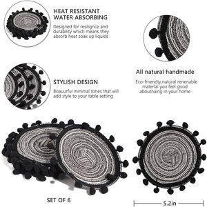 Handwoven Round Cotton Rope <b>Coaster</b> <b>Set</b> with Black Pom Pom Trim Boho <b>Table</b> <b>Mats</b> Farmhouse Drink <b>Coasters</b> <b>Set</b> <b>of</b> <b>6</b> - Product Image 5