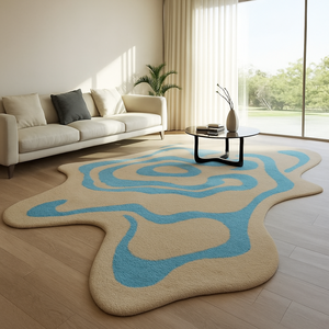 Tapis de qualité supérieure, blanc, avec motif bleu ciel, forme irrégulière, écologique, en laine douce, pour la décoration de bureau - Product Image 4