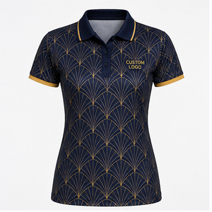 Polo pour femme personnalisé bleu marine et or style Art Déco à bord festonné, séchage rapide, respirant, manches courtes, uniforme d'équipe de golf WPS-0780 - Product Image 1