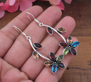 ต่างหูเงินแท้ 925 ประดับพลอยหลากชนิด รูปทรงหยดน้ำ หรูหรา สำหรับผู้หญิง ประดับพลอยบลูโทแพซและโกเมน เหมาะสำหรับงานแต่งงานและงานเลี้ยง - Product Image 1