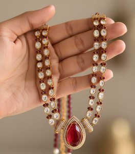 Luxury Ruby Red Teardrop Pendant <b>Necklace</b> Set Gold Plated Kundan Polki Bridal Wedding Jewelry with <b>Matching</b> Earrings for Women - Product Image 2