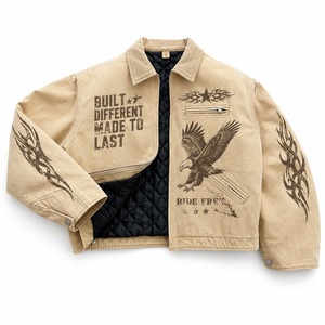 Veste en jean kaki vintage personnalisée avec imprimé graphique d'aigle, doublure matelassée, col rabattable, fermeture éclair, veste de travail unisexe pour un confort optimal - Product Image 1