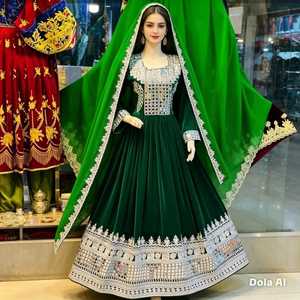 White Teal Embroidered Silk Women's Vintage Anti-Wrinkle Maxi <b>Dress</b> Long Sleeve Neck Loose Fit Flared Hem India Pakistan Ethnic - Product Image 6